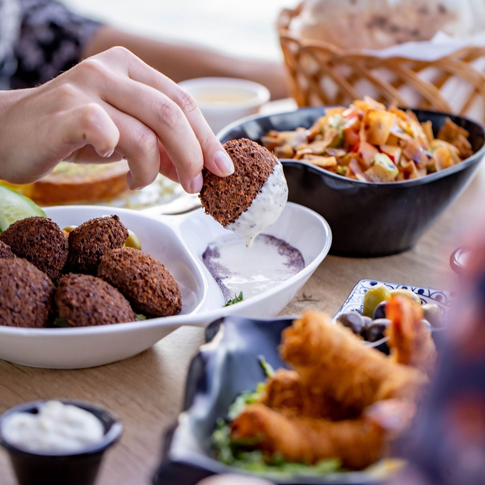 Crispy falafel served with creamy dipping sauce and salad