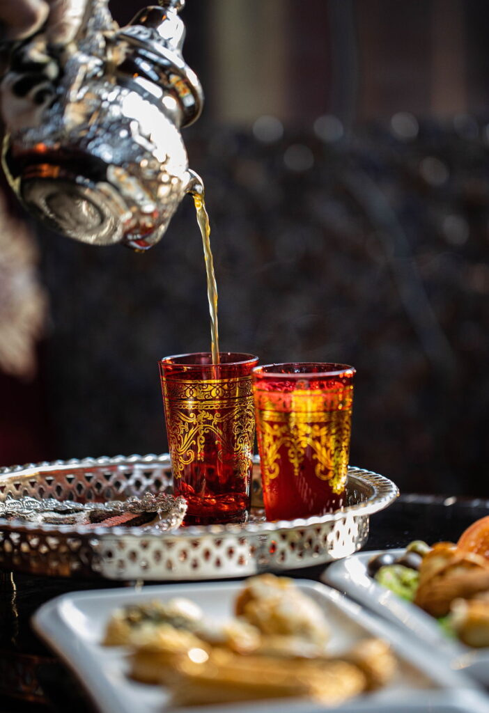 Traditional Arabic tea served in decorative glass cups
