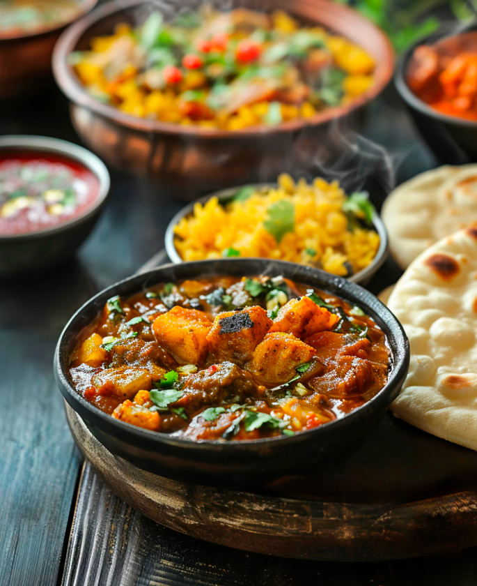 Authentic Indian curry served with naan and aromatic rice