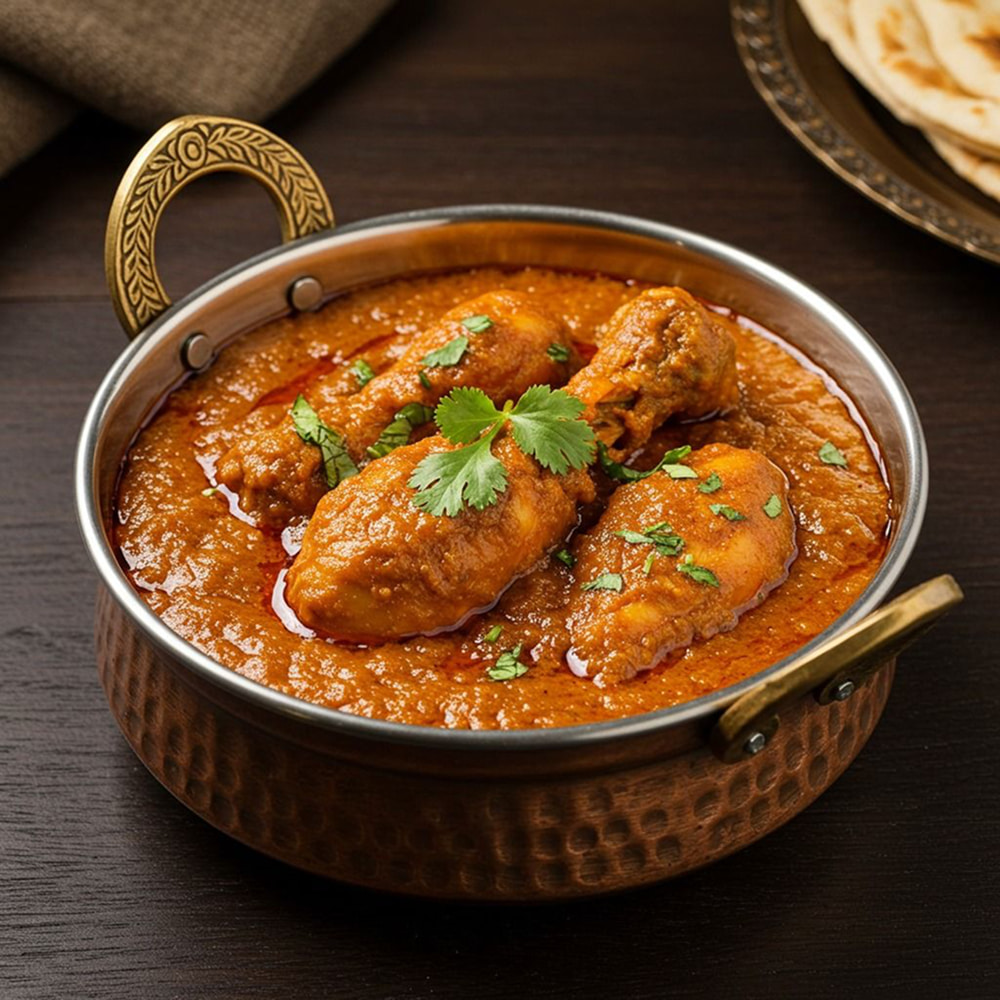 Rich Indian chicken curry garnished with fresh coriander leaves