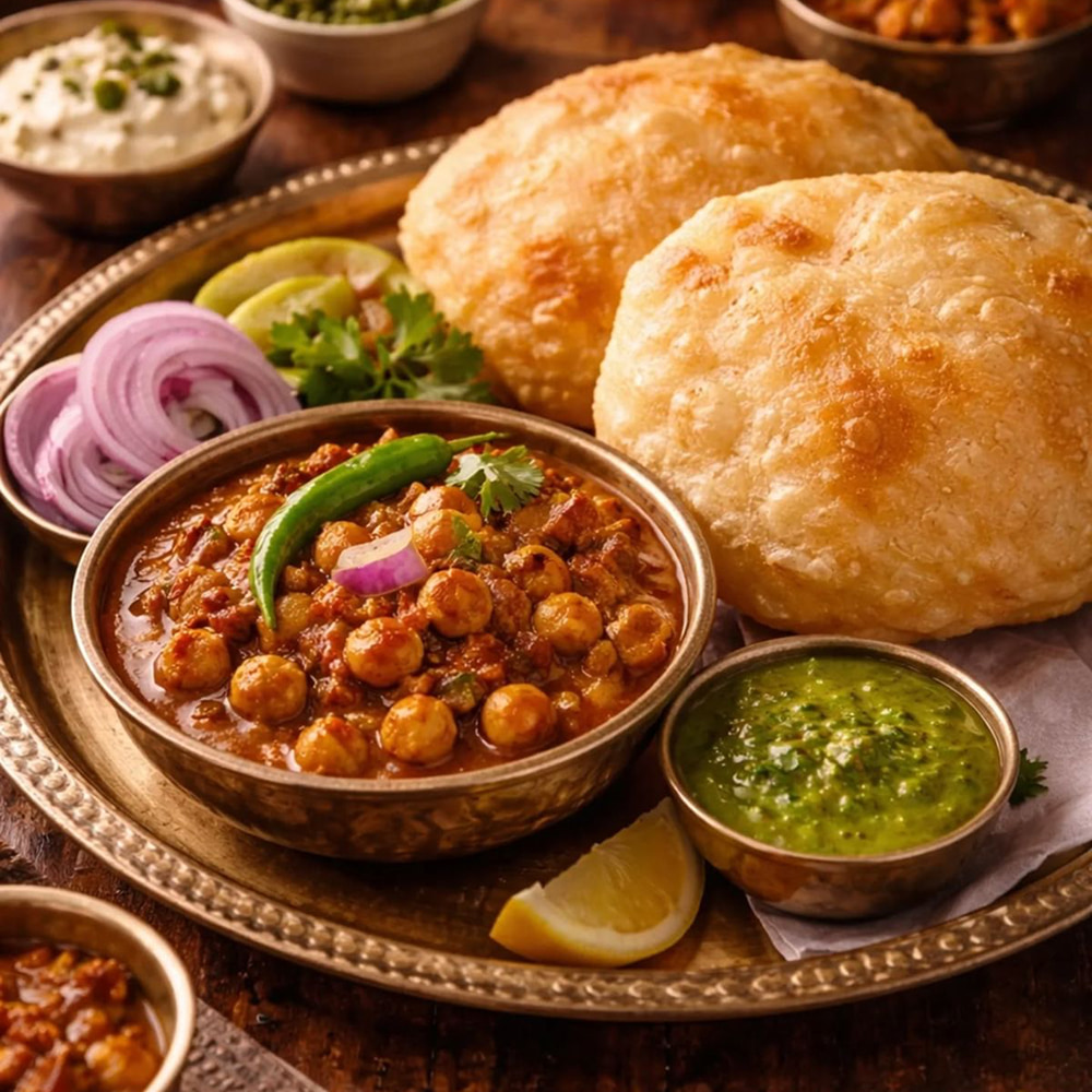 Spicy Indian chole served with crispy bhature bread