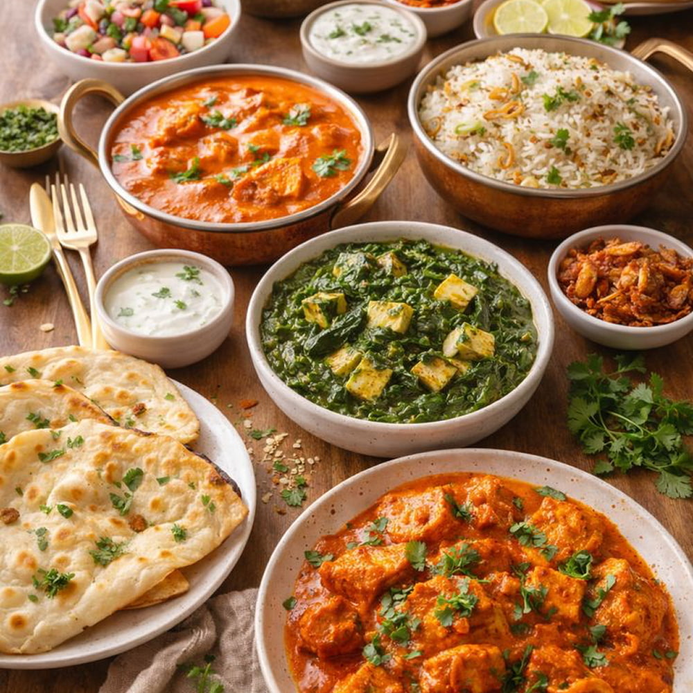 Traditional Indian curries served with naan and fragrant rice