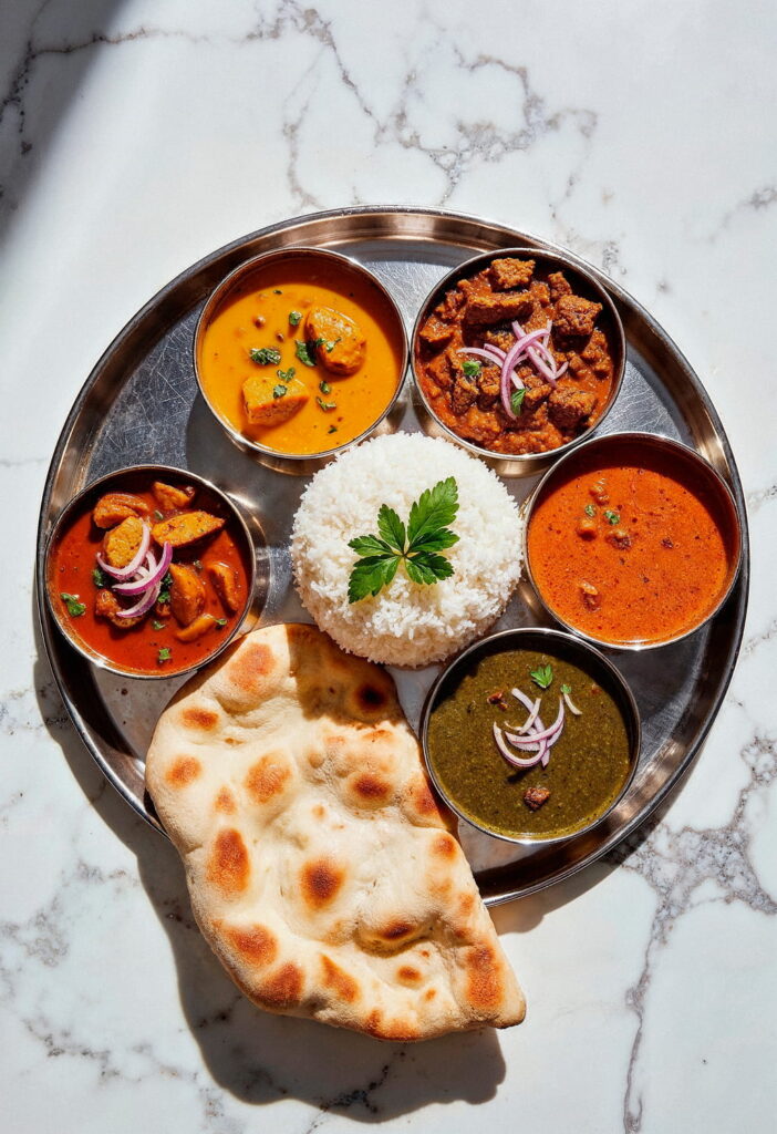 Traditional Indian thali with curries, rice, and naan bread