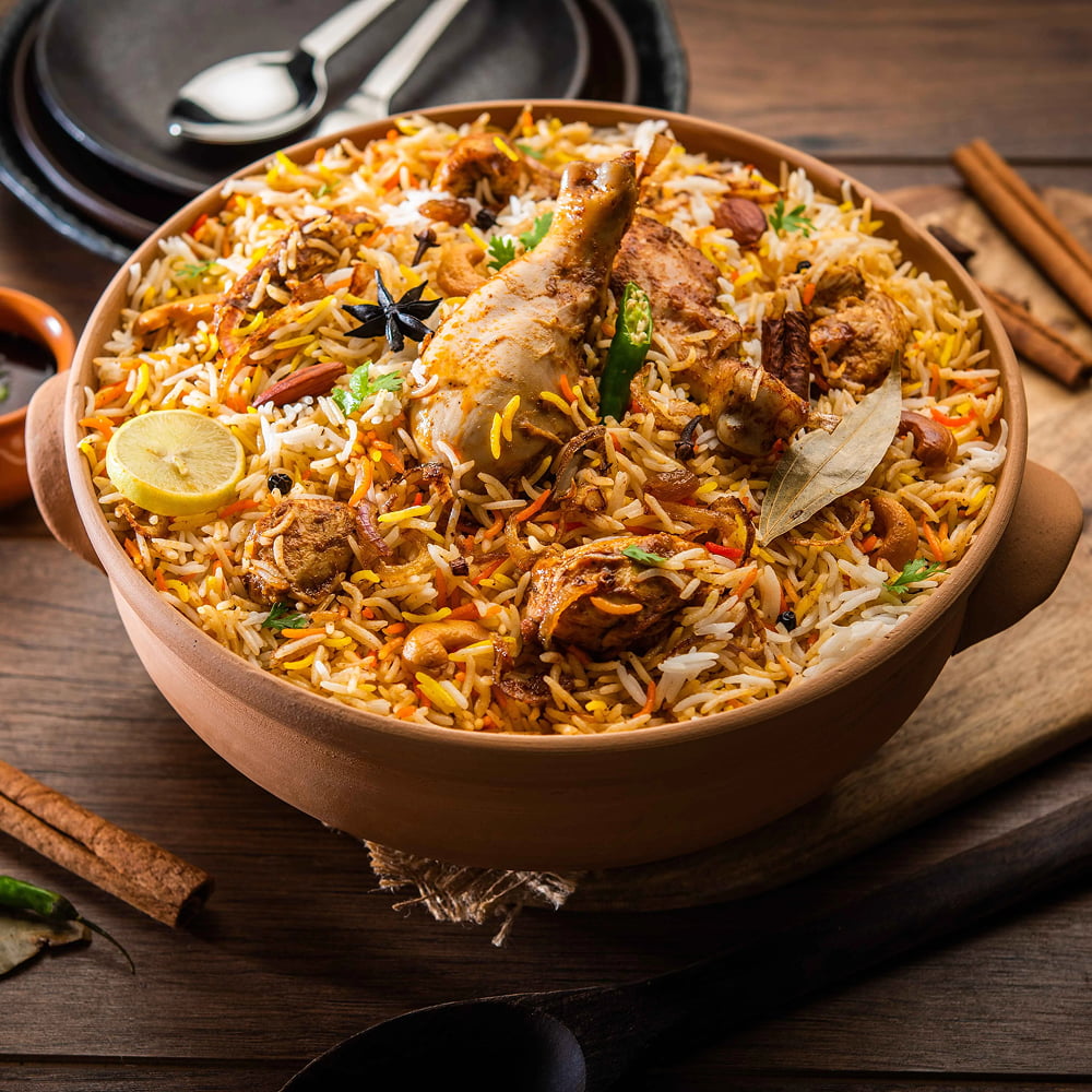 Traditional Pakistani chicken biryani served with aromatic spices