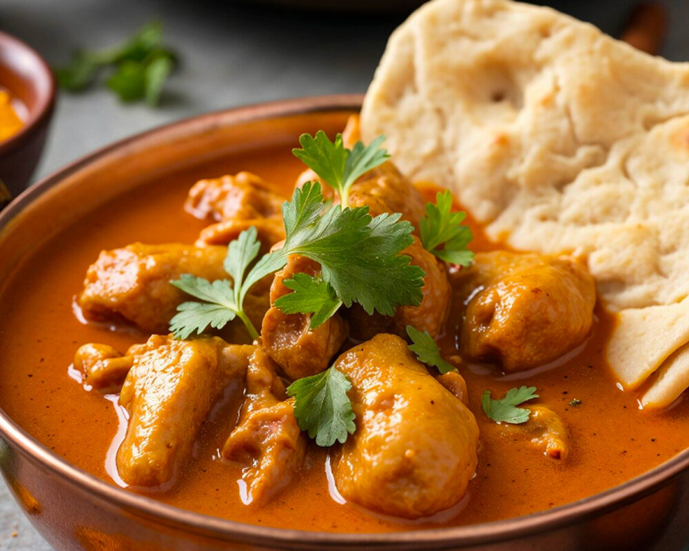 Creamy chicken curry served with fresh naan bread