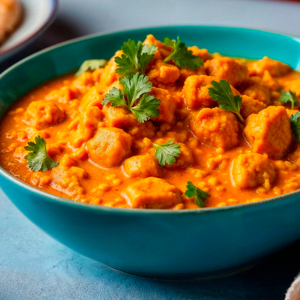 Creamy Pakistani chicken curry garnished with fresh coriander leaves