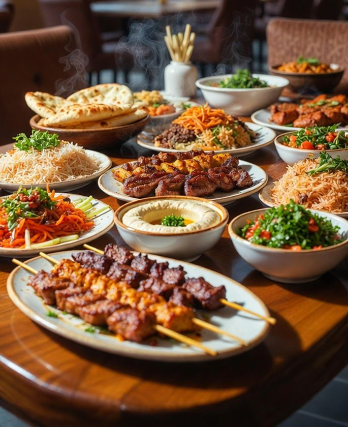 Authentic Pakistani food platter with kebabs rice and curries