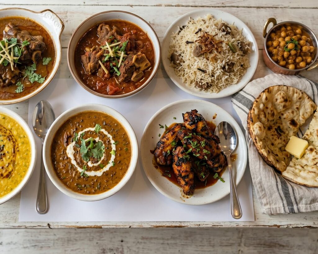 Traditional Pakistani feast featuring curries rice and fresh naan