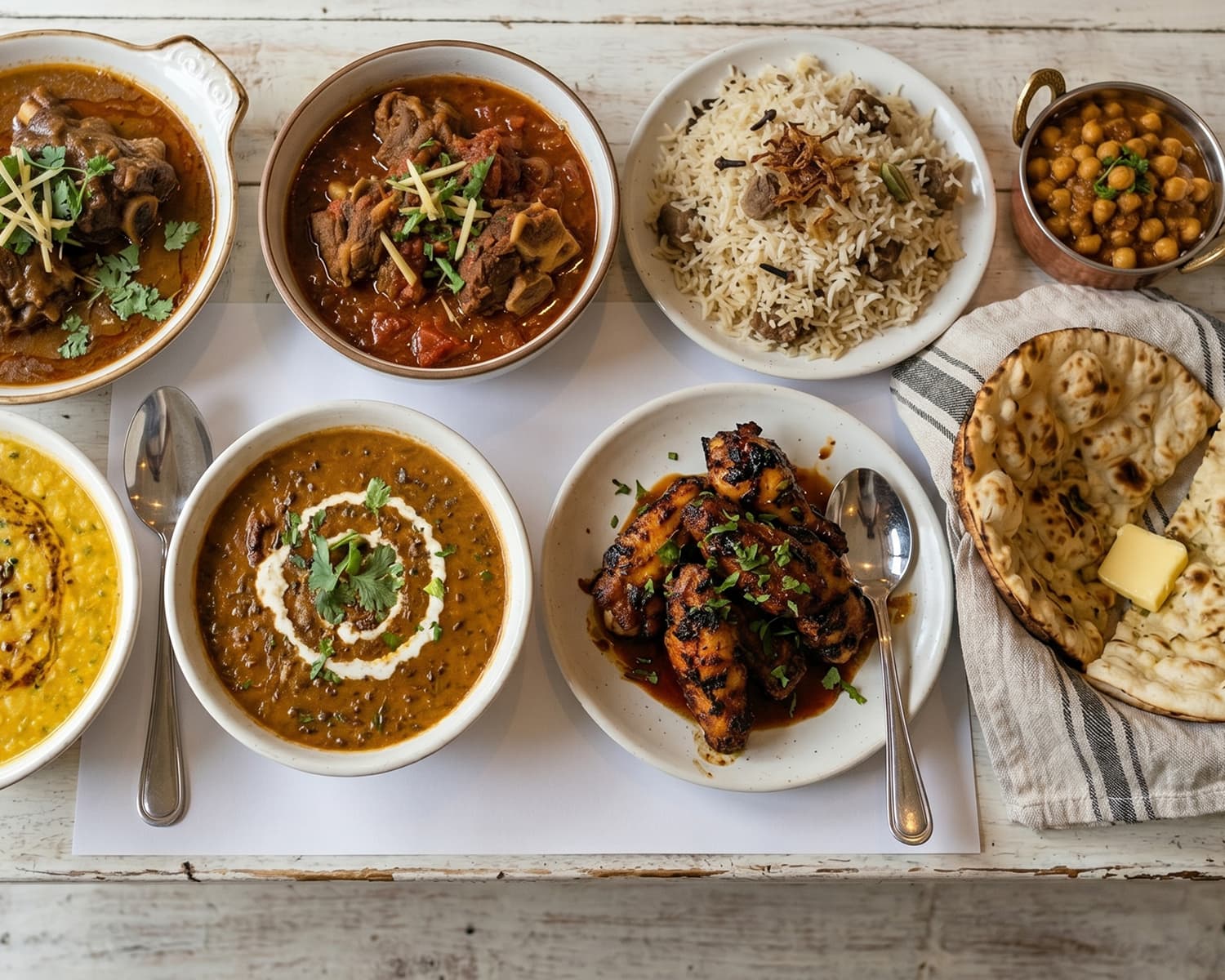 Traditional Pakistani feast featuring curries rice and fresh naan
