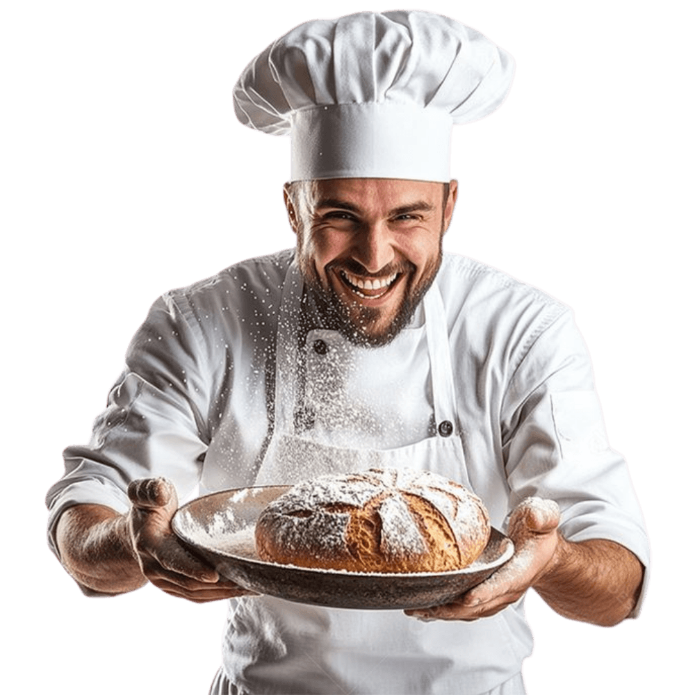Professional baker presenting freshly baked artisan bread loaf