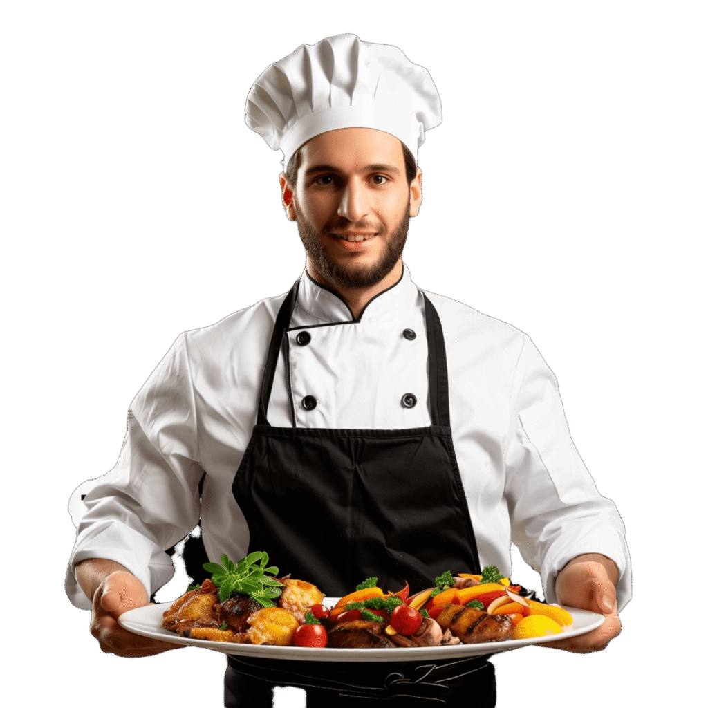 Professional chef holding platter of grilled gourmet dishes