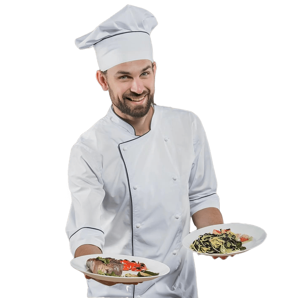Smiling chef serving gourmet pasta and steak dishes