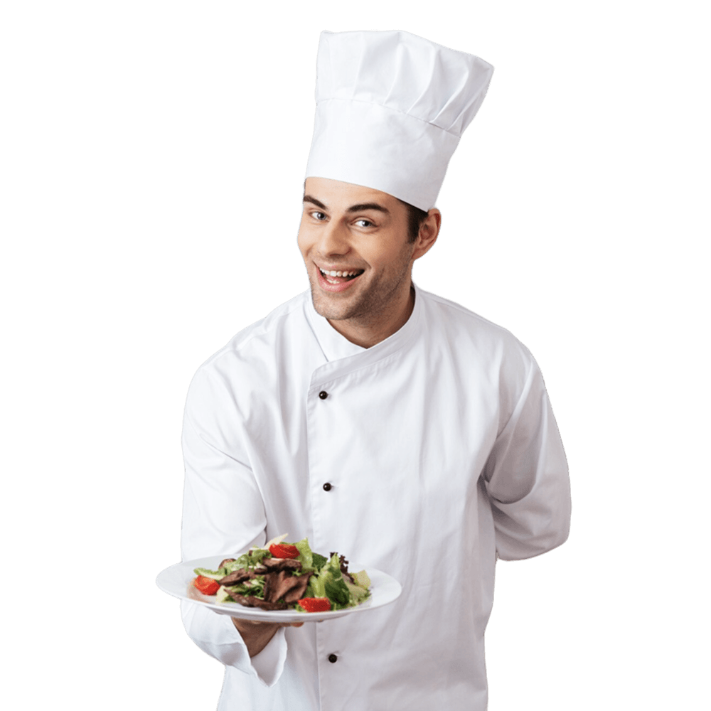 Friendly chef serving fresh gourmet salad at restaurant
