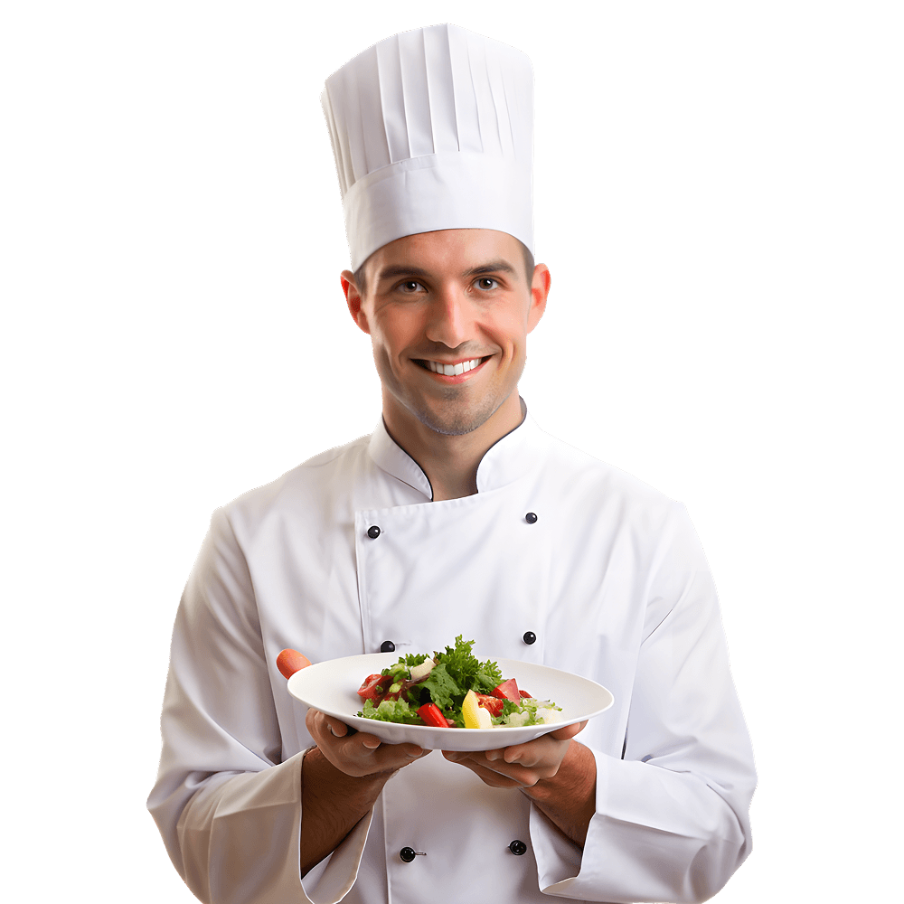 Smiling chef presenting fresh healthy gourmet salad dish