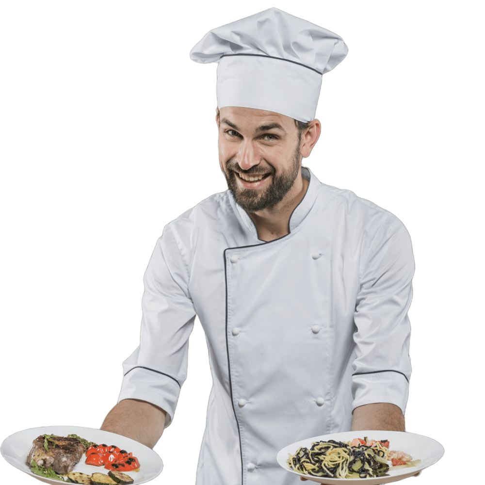 Smiling professional chef serving gourmet restaurant dishes