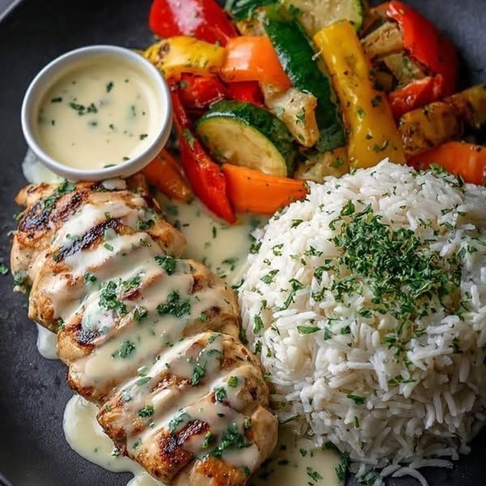 Grilled chicken with herb rice and roasted vegetables plate