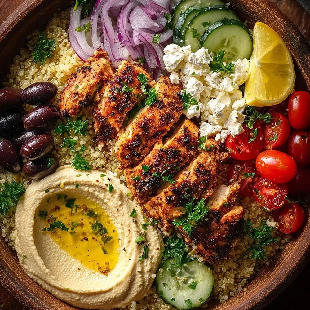 Grilled chicken quinoa bowl with hummus and fresh vegetables