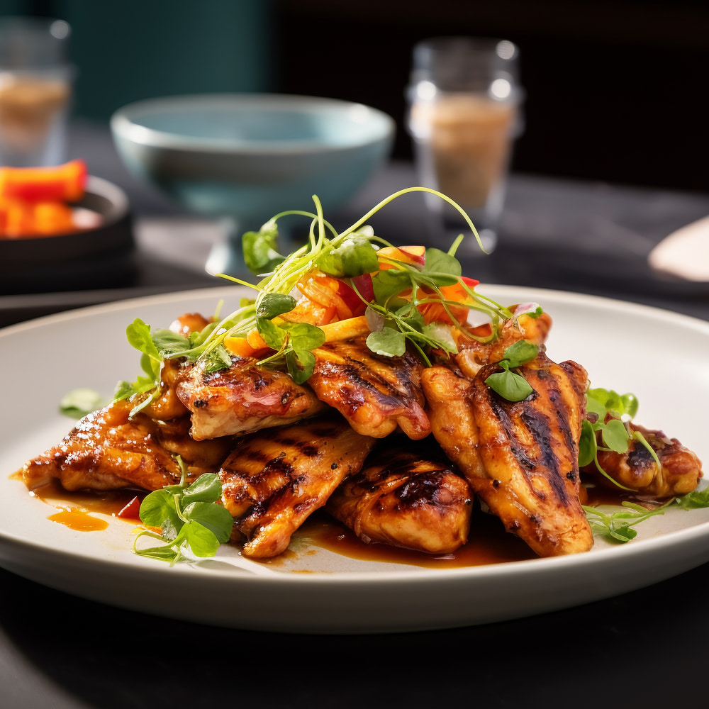 Grilled chicken strips topped with fresh herbs and vegetables