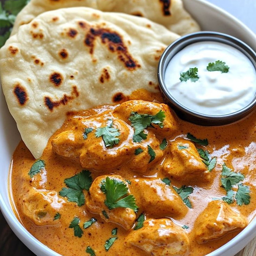 Creamy chicken curry served with naan bread and yogurt sauce