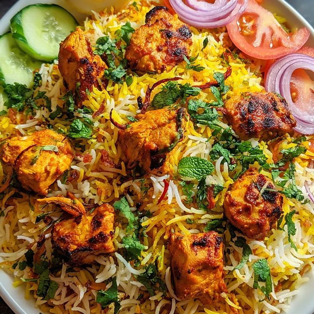 Grilled chicken biryani topped with fresh herbs and onions