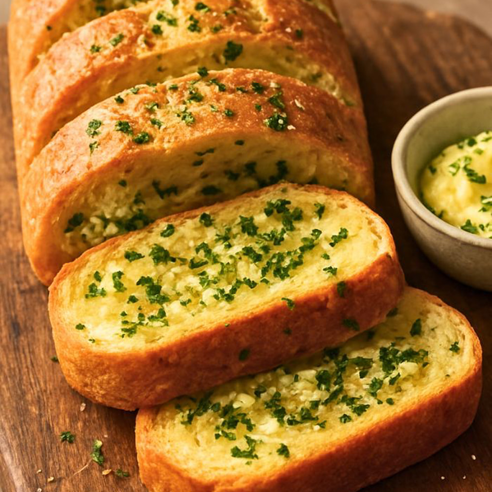 Garlic bread slices served with herb butter dip