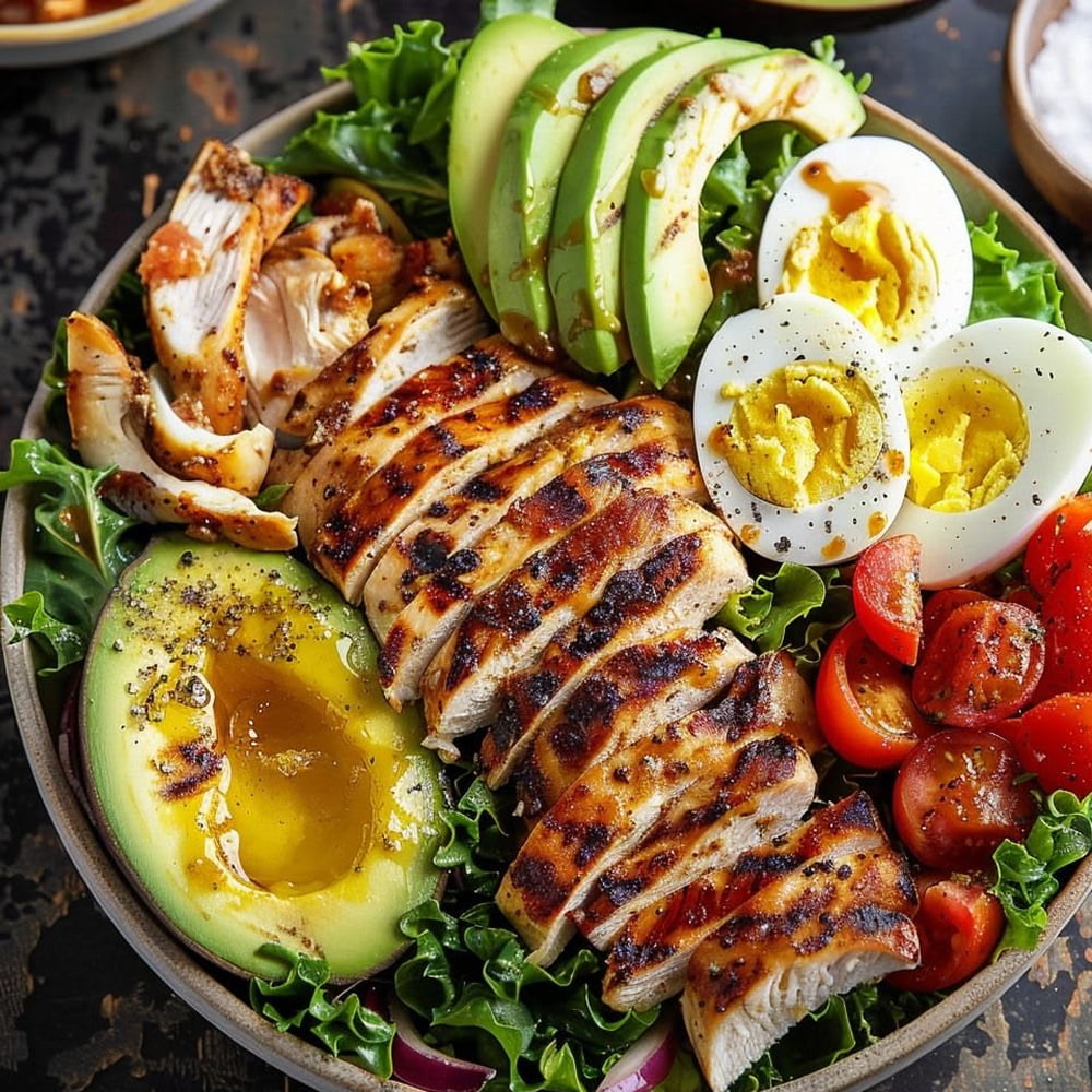 Grilled chicken salad bowl with avocado eggs and fresh vegetables