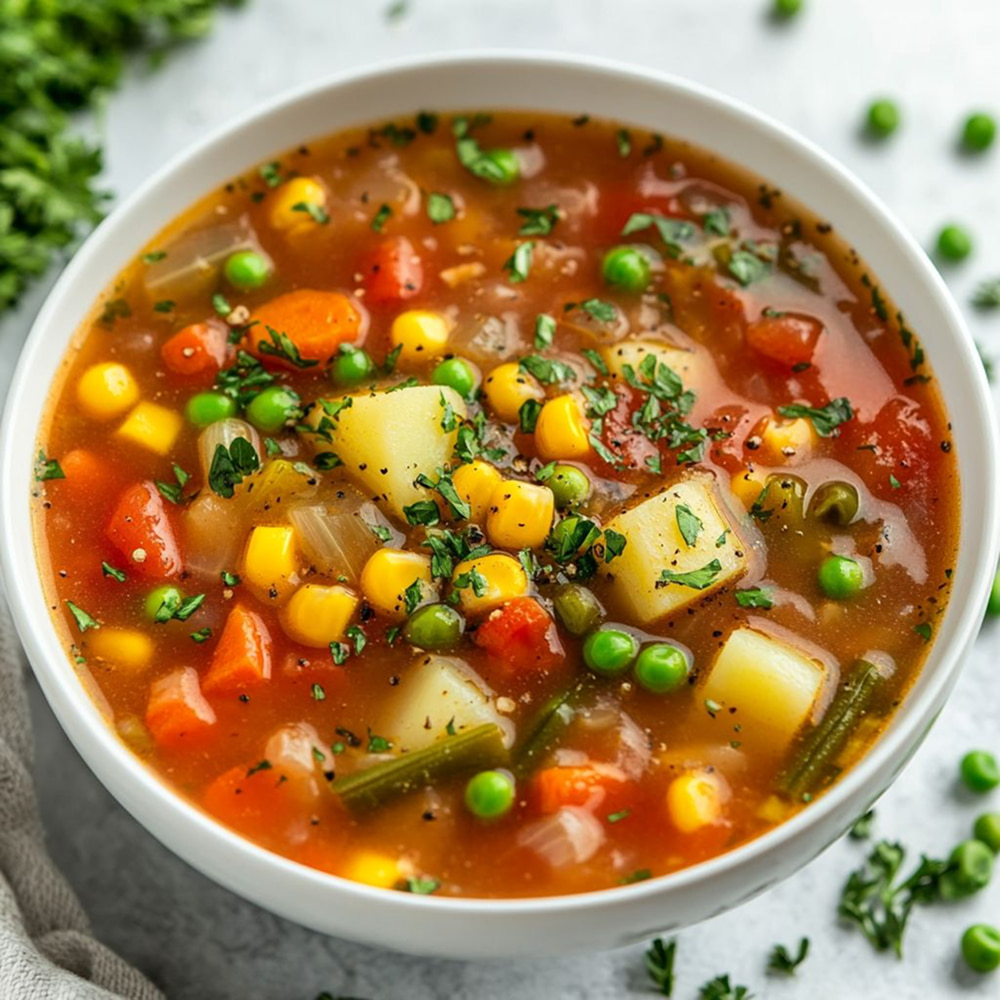 Healthy vegetable soup served with fresh herbs and mixed vegetables