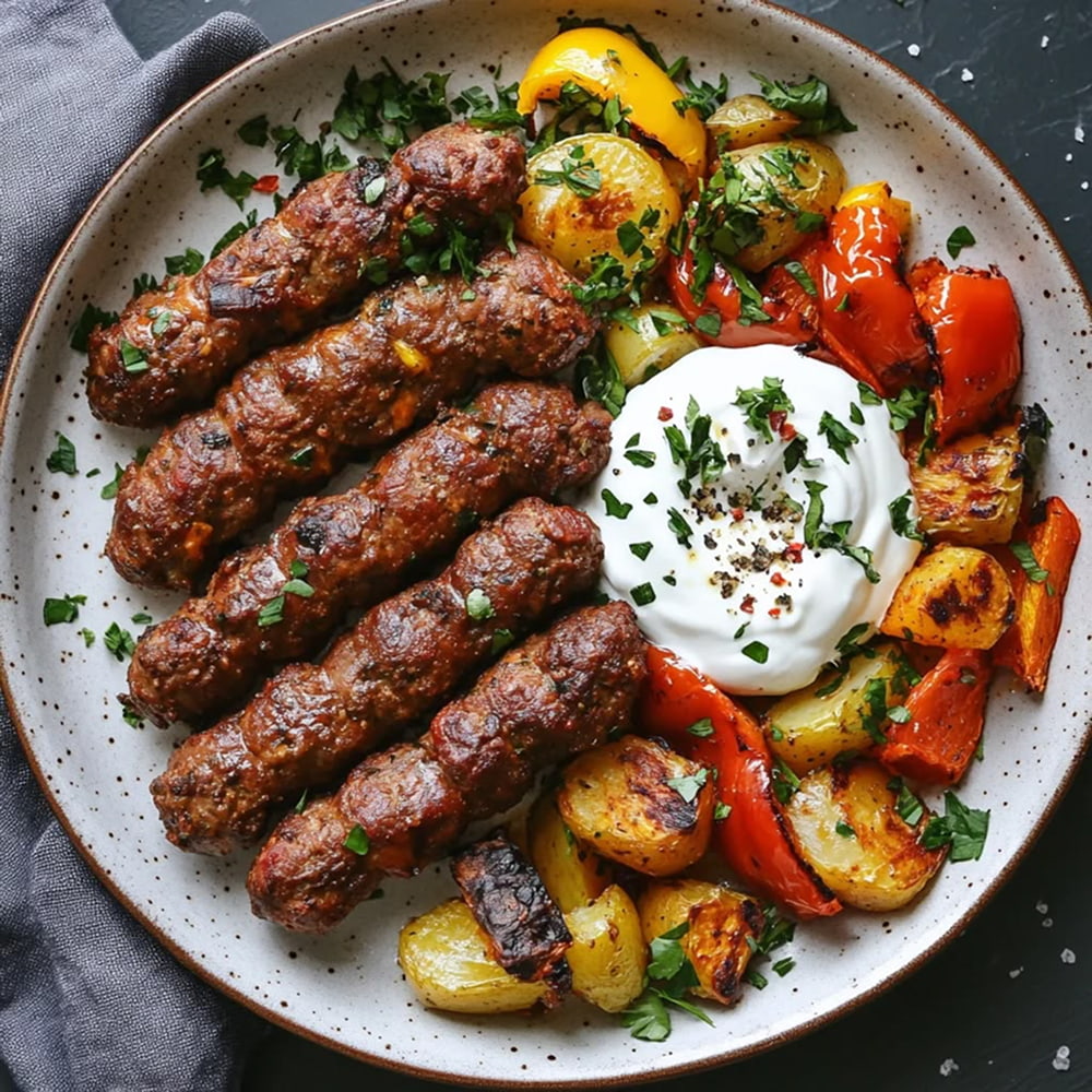 Juicy Iranian kebabs served with roasted vegetables and yogurt