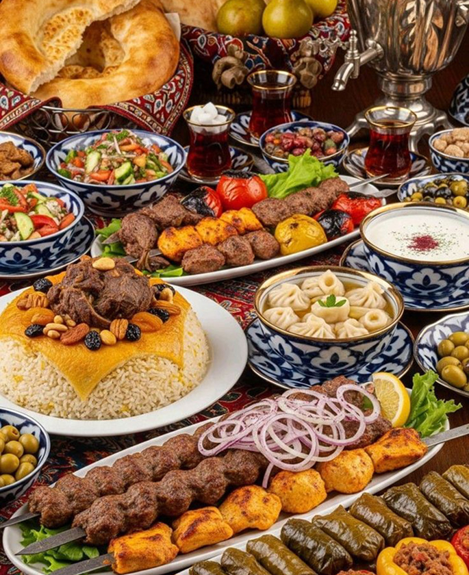 Traditional Iranian feast with kebabs rice and fresh appetizers