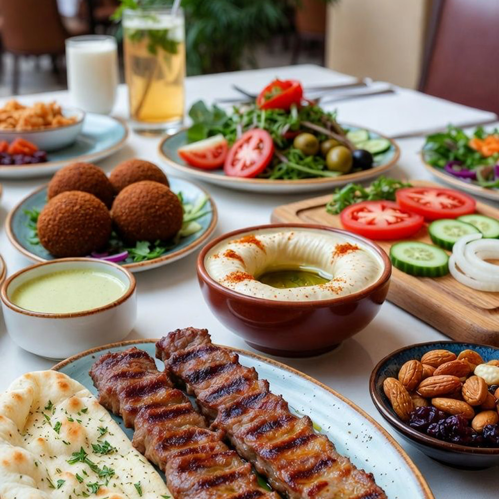 Authentic Iranian breakfast platter with kebabs hummus and salads