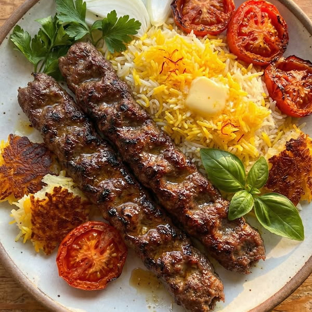 Grilled Iranian koobideh kebabs served with saffron rice