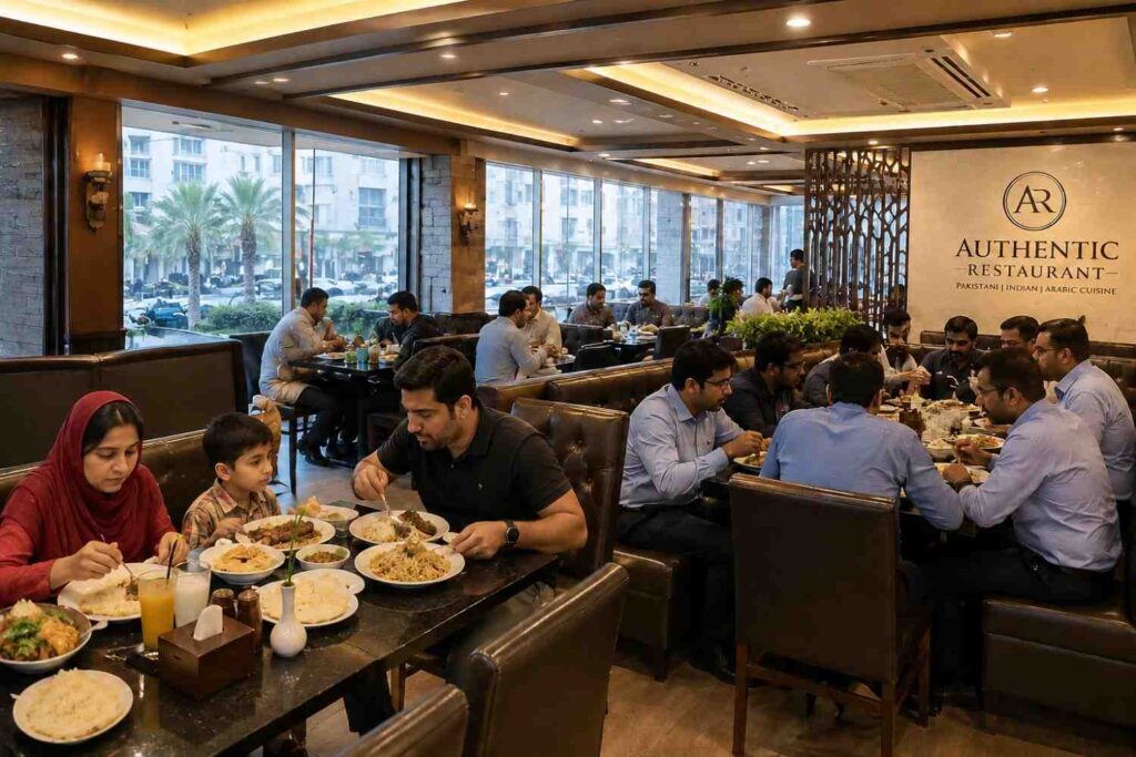 Busy lunch scene inside Authentic Restaurant with families and office workers enjoying Pakistani, Indian, and Arabic food in a modern dining space.