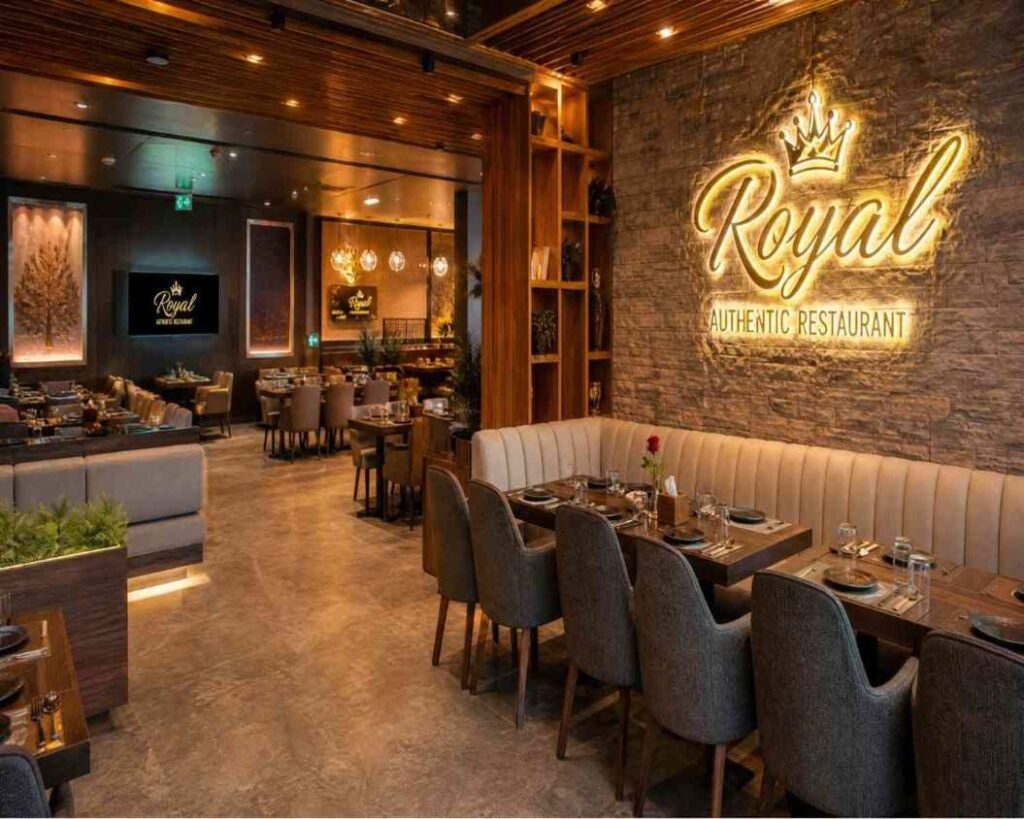 Modern dining interior of Royal Authentic Restaurant in Al Danah Abu Dhabi
