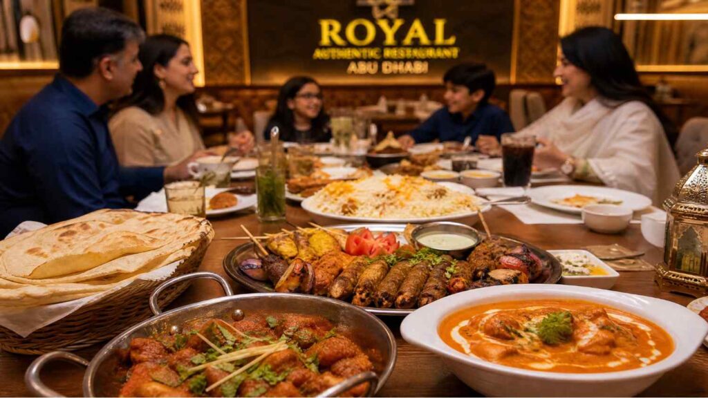 Family enjoying Pakistani, Indian, and Arabic food at Royal Authentic Restaurant in Abu Dhabi