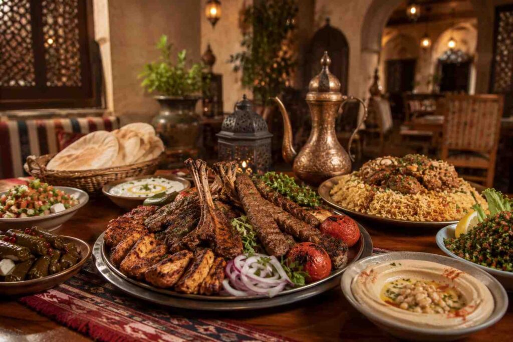 A large Middle Eastern feast displayed on a rustic wooden table inside a warmly lit traditional restaurant, featuring grilled lamb chops, kebabs, roasted chicken, rice pilaf, hummus, tabbouleh, stuffed grape leaves, pita bread, and decorative brass servingware.
